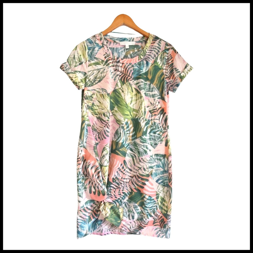 Addyson Parker Womens Tropical Leaf Print Front Knot T-Shirt Dress Pink Green S